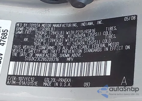 2008 Toyota Sienna Le z USA, uszkodzony, nr VIN 5TDZK23C28S209316